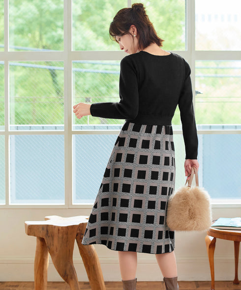 リボンベルト付きチェック柄ニットワンピース